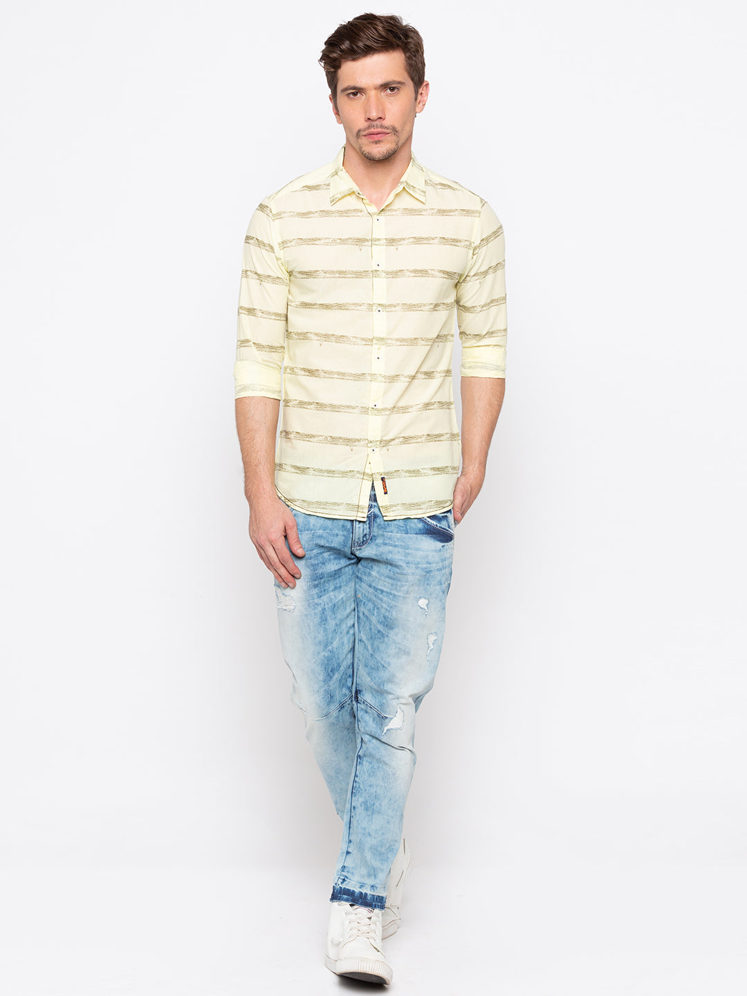 Spykar Men Yellow Striped Slim Fit Casual Shirt