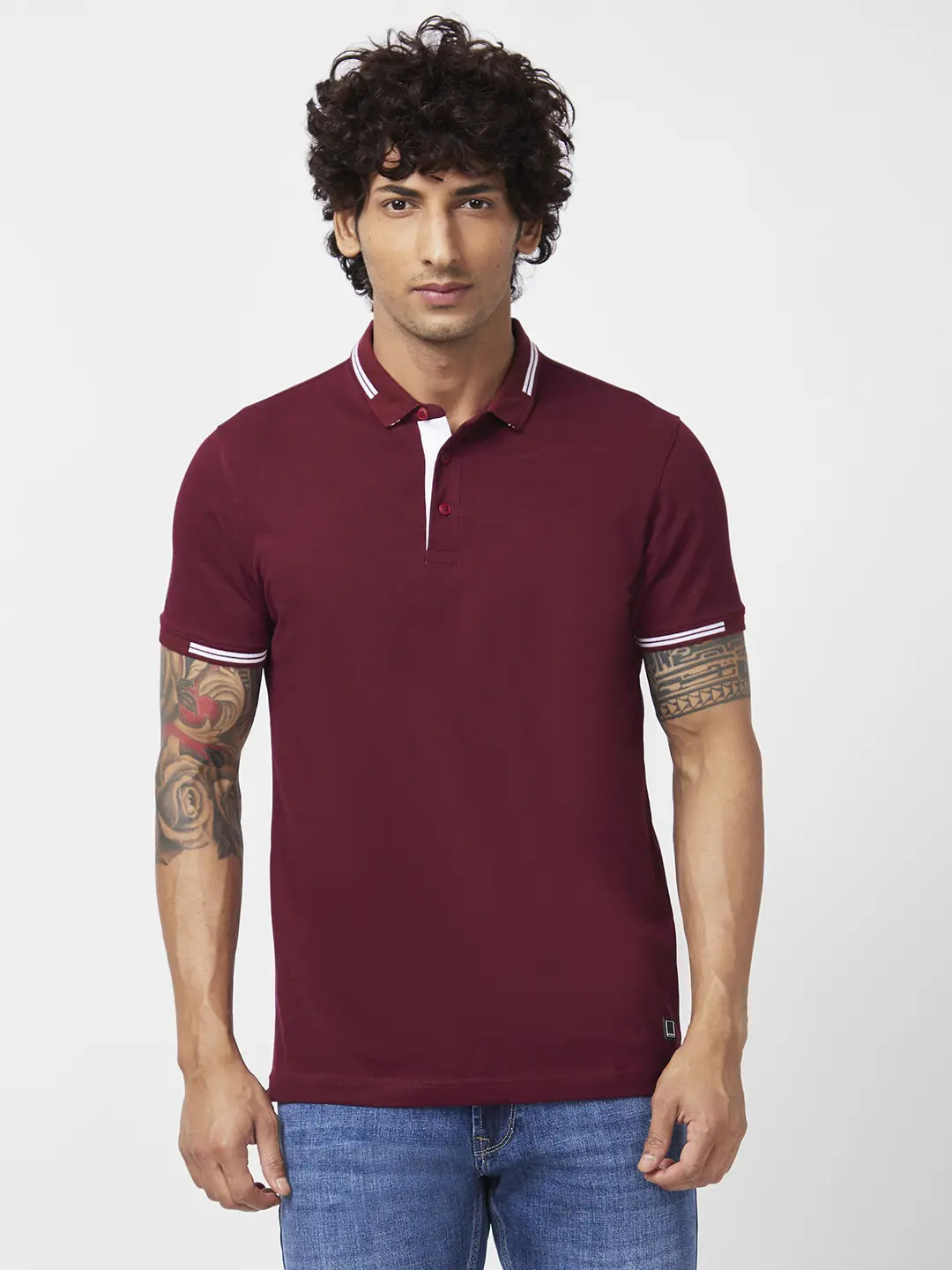 Spykar Men Wine Red Blended Slim Fit Half Sleeve Polo Neck Plain Tshirt