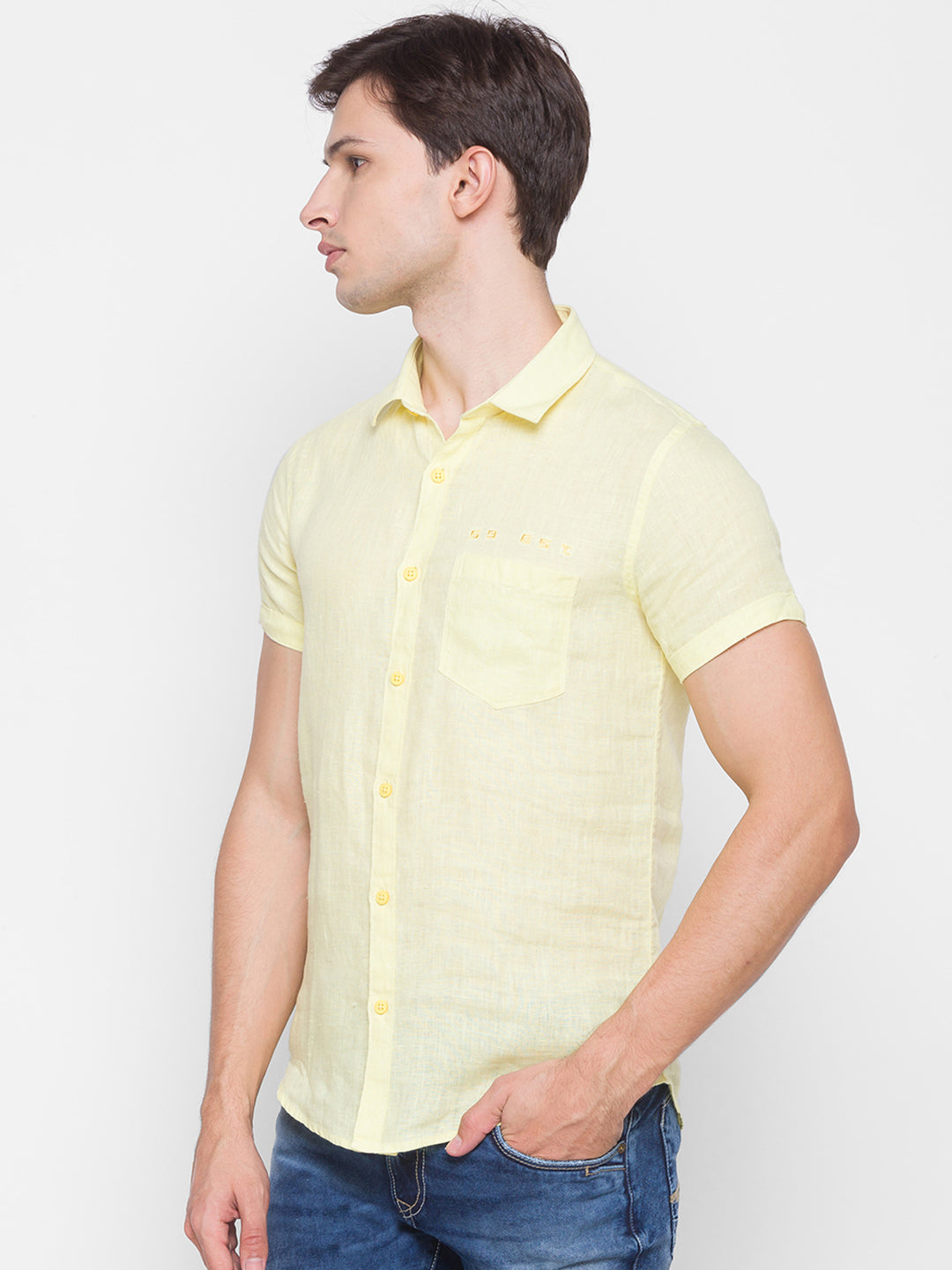 Spykar Slim Fit Yellow Cotton Men Shirt