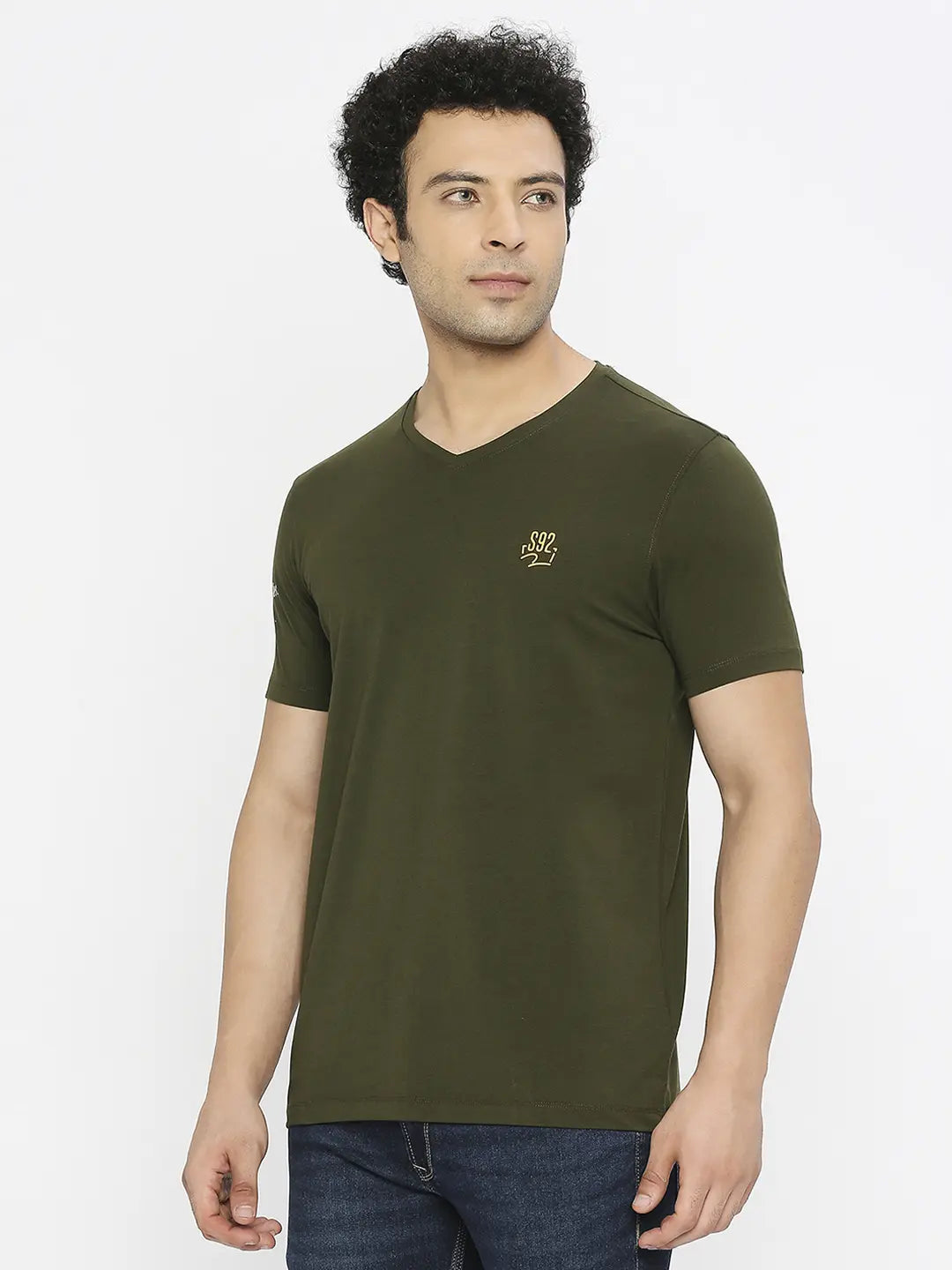 Spykar Men Rifle Green Cotton Regular Fit Half Sleeve Plain V-Neck Tshirt