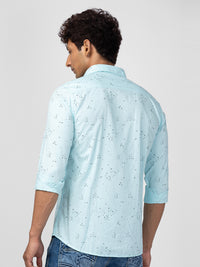 Spykar Men Bleached Aqua Cotton Slim Fit Printed Shirt