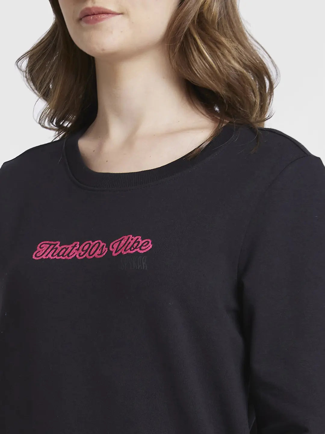 Spykar Women Black Blended Regular FIt Round Neck Printed Sweatshirt