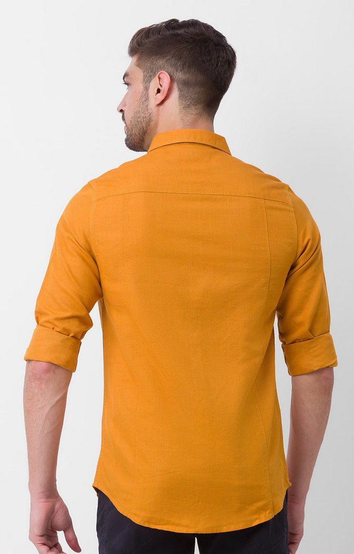 Spykar Mustard Yellow Cotton Full Sleeve Plain Shirt For Men