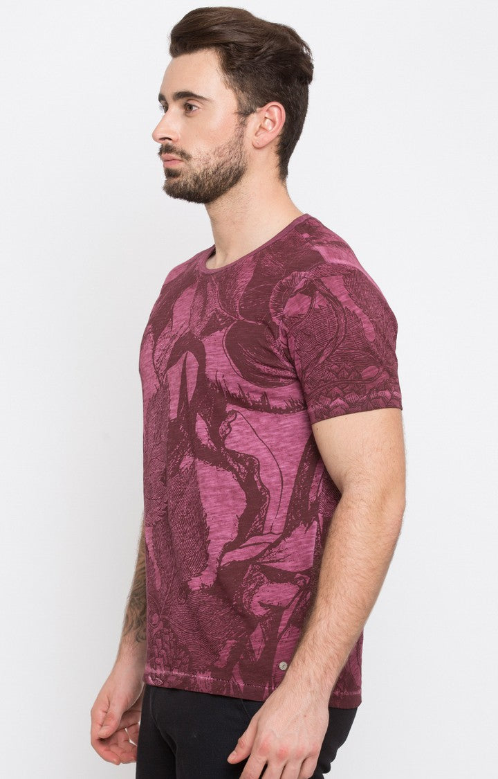 Spykar Wine Printed Slim Fit Men T-Shirts