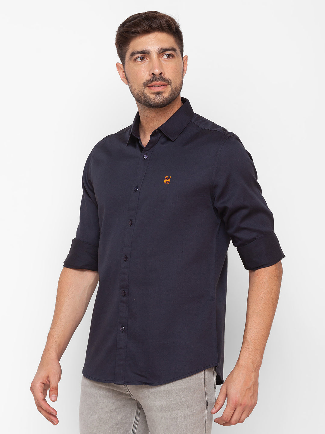 Spykar Charcoal Grey Cotton Full Sleeve Plain Shirt For Men