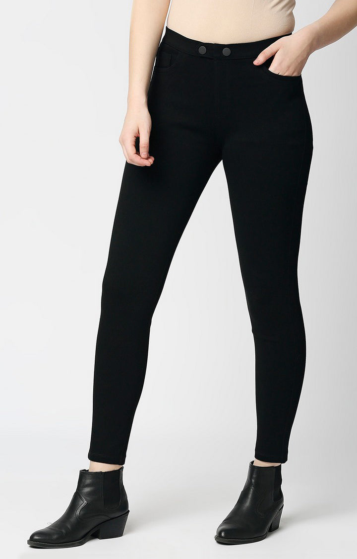 Spykar Women Black Cotton Regular Fit Mid Rise Jeggings