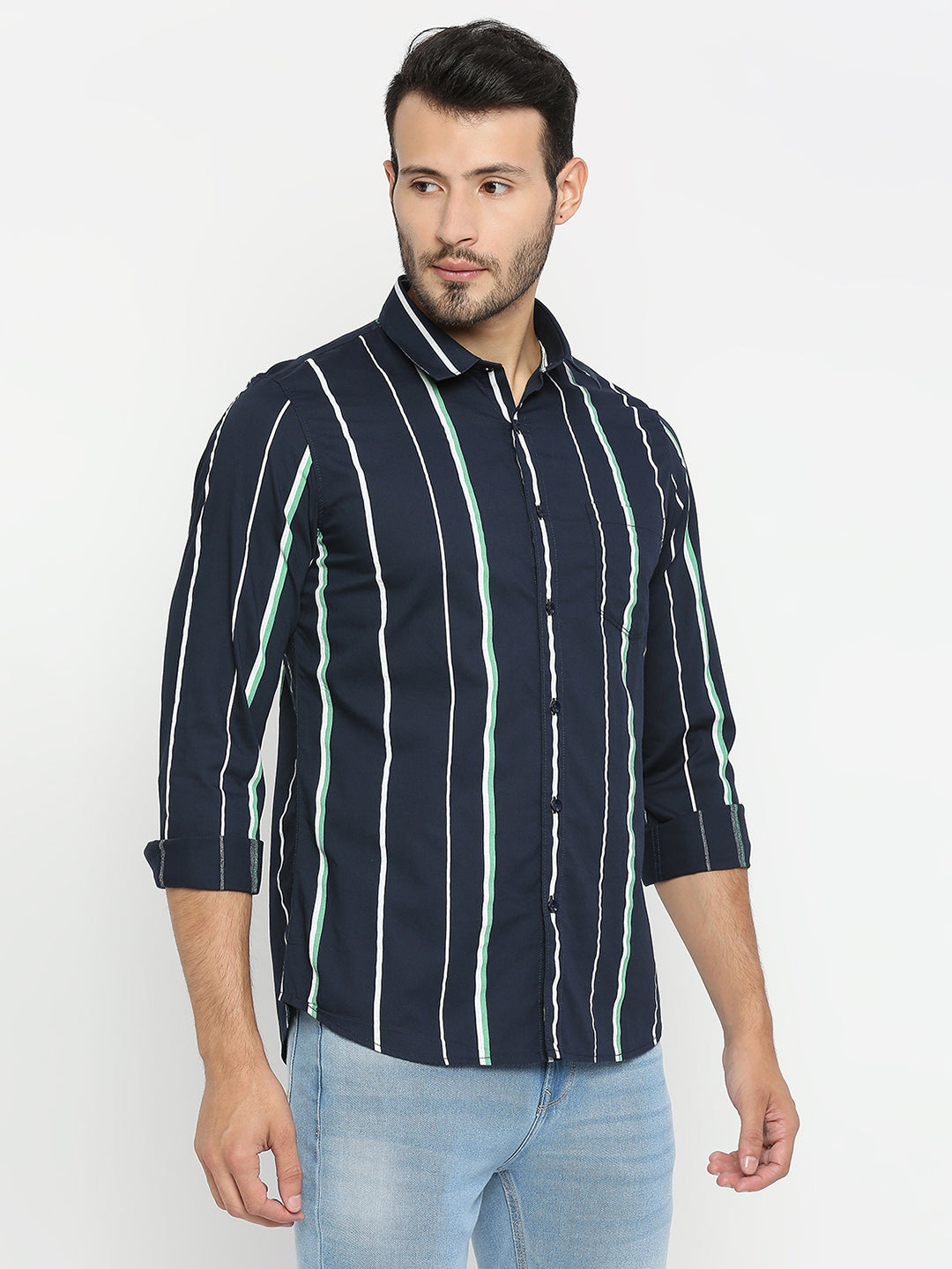 Spykar Men Navy Blue Cotton Full Sleeve Striped Shirt