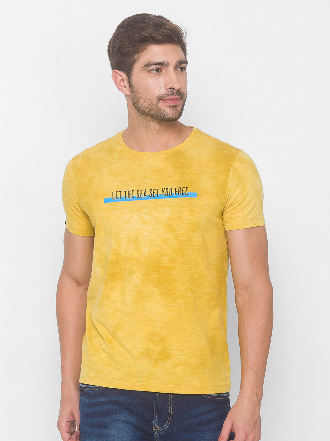 Spykar Men Yellow Cotton Slim Fit Round Neck T-Shirt