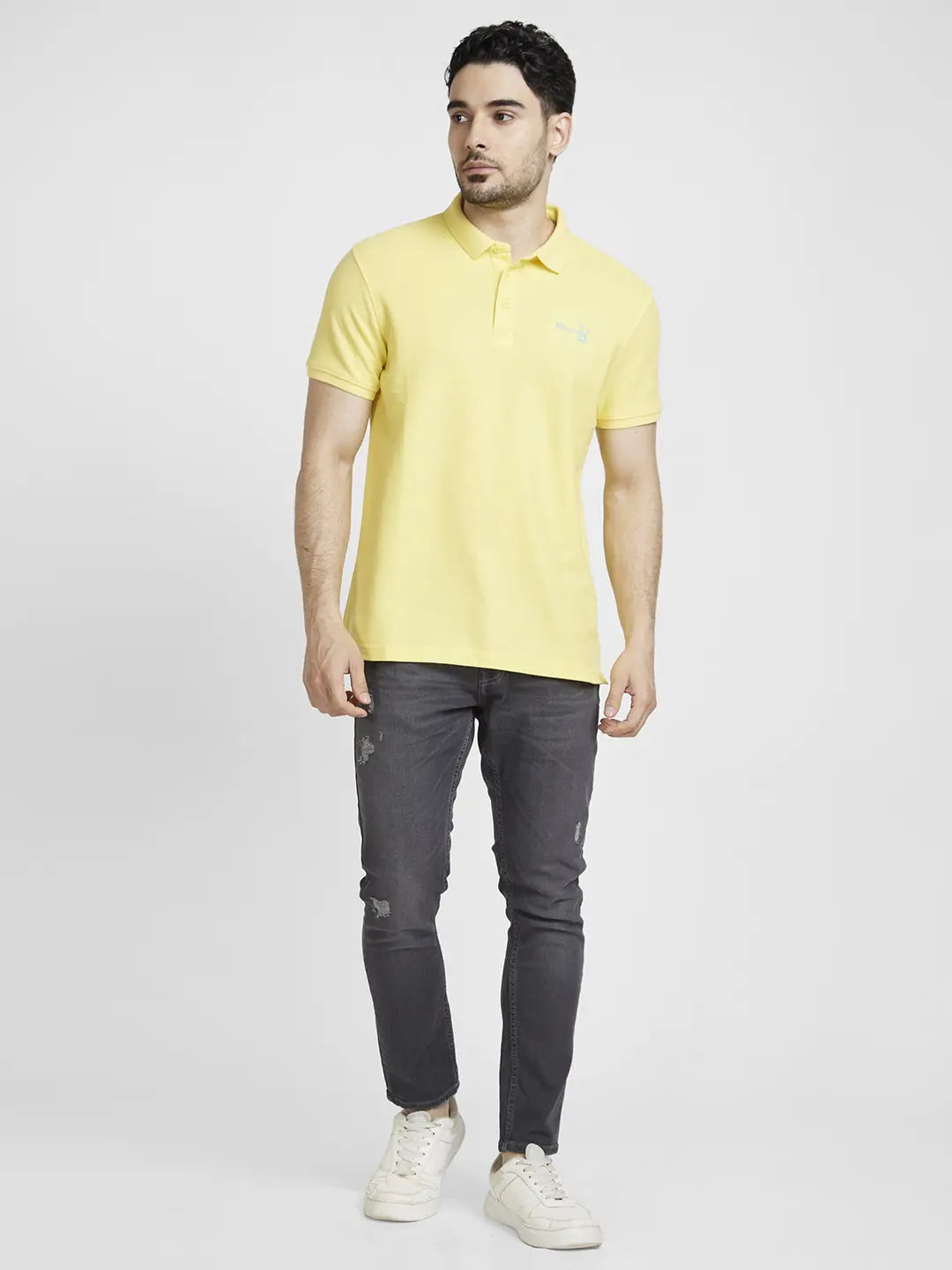 Spykar Men Yellow Cotton Slim Fit Plain Polo Tshirt