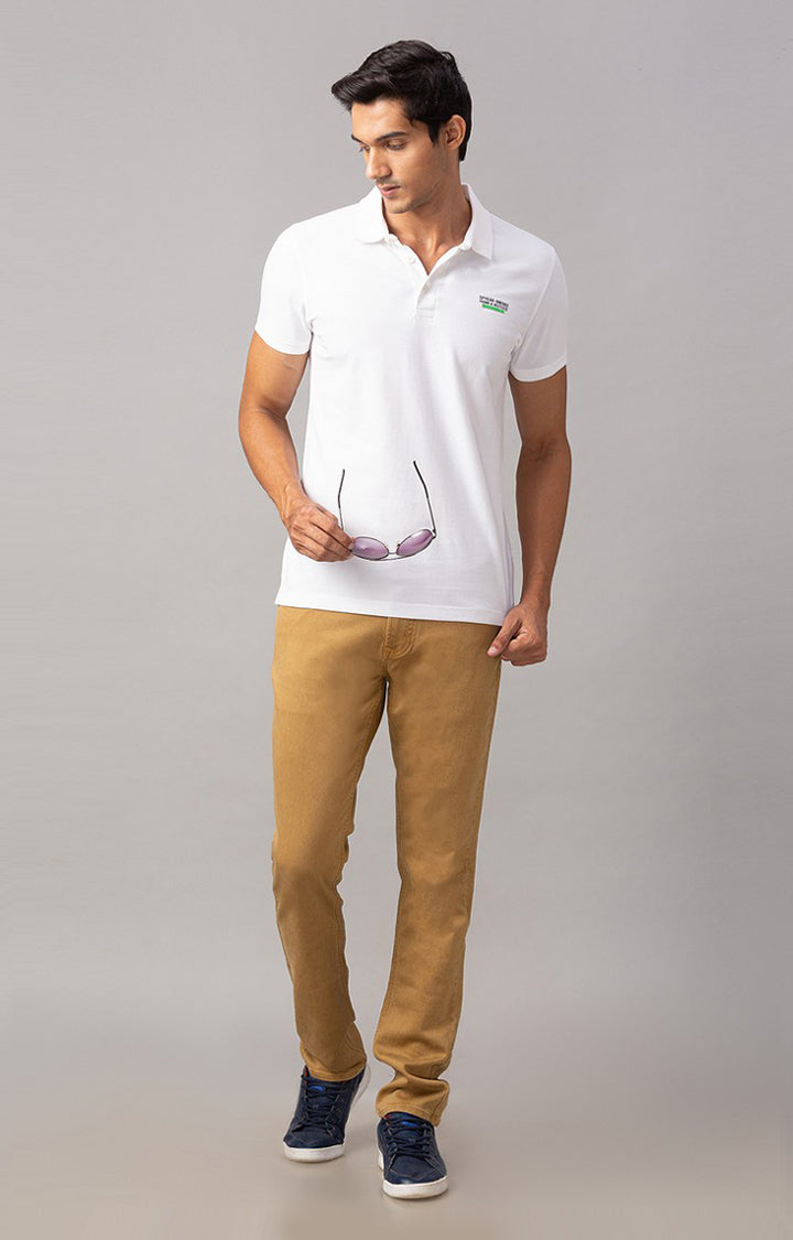 Spykar White Cotton Slim Fit Polo T-Shirt For Men