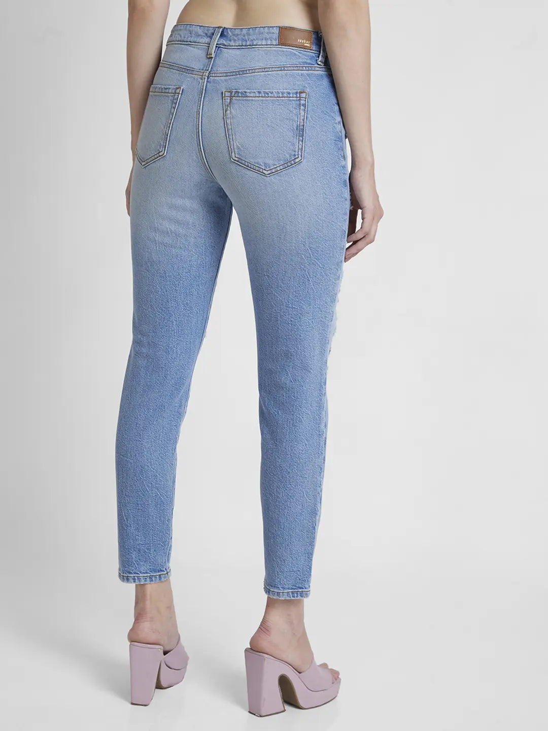 Blue High Rise Distressed Mom Fit Jeans