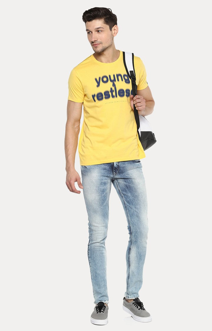 Spykar Yellow Printed Slim Fit Men T-Shirts