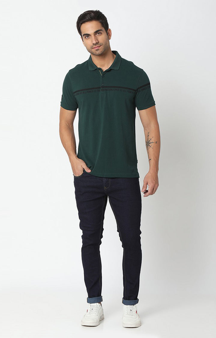 Spykar Men Green Cotton Plain Polo T-Shirt