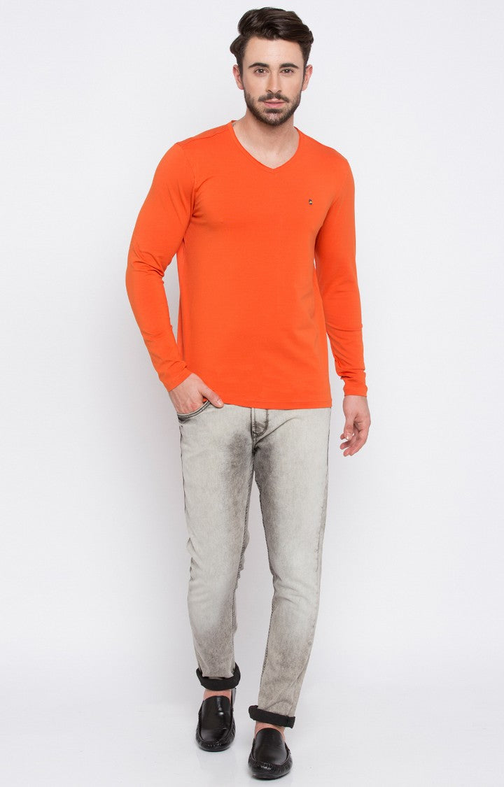 Spykar Orange Solid Slim Fit Men T-Shirts