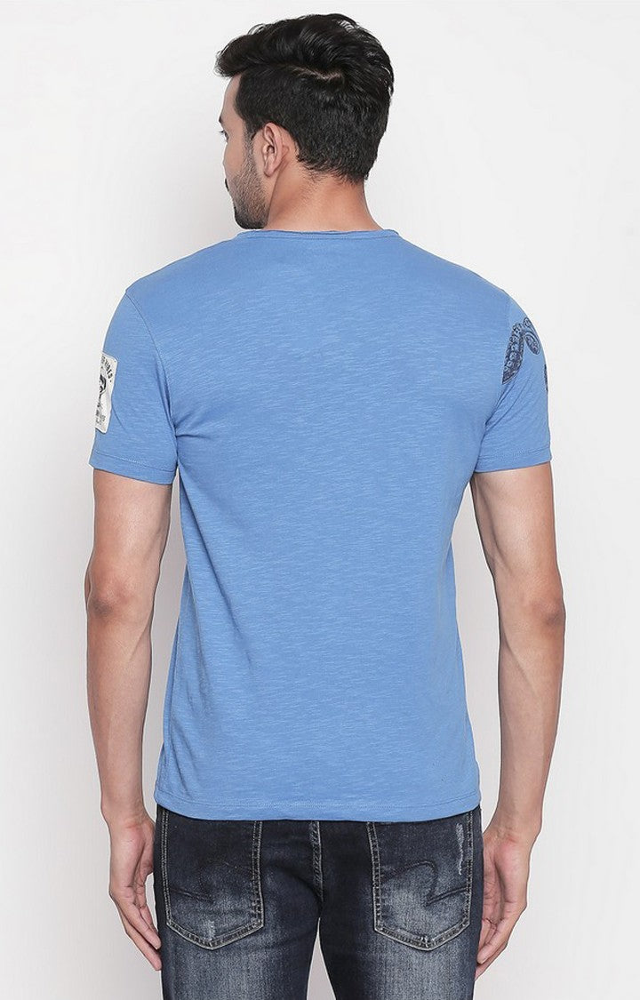 Spykar Blue Cotton Slim Fit T-Shirt For Men