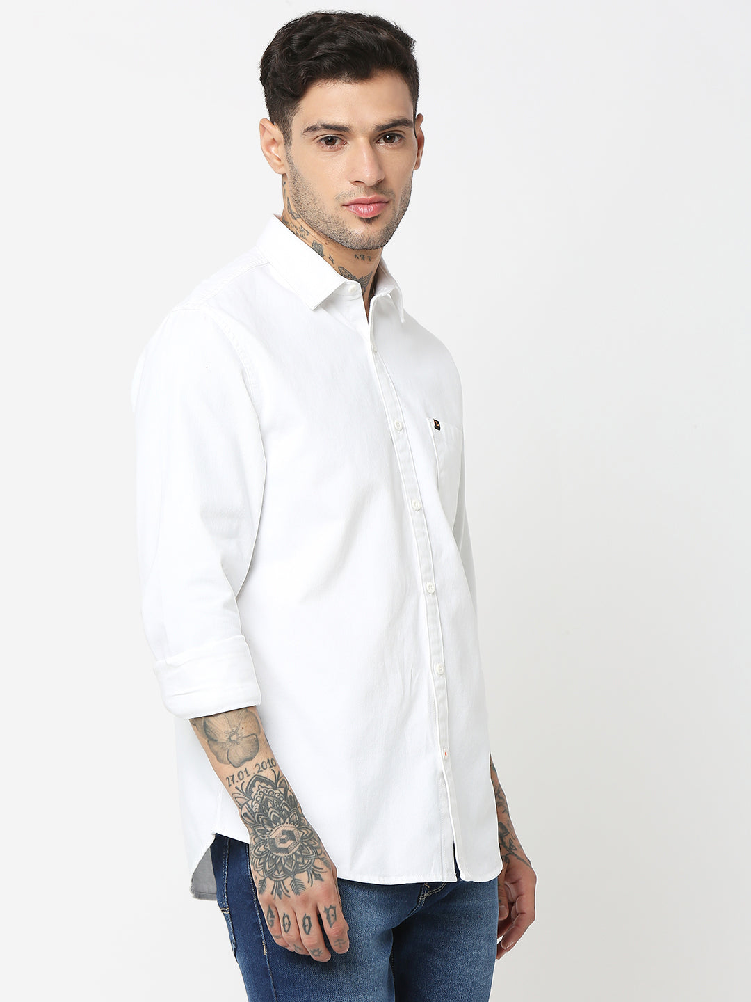 Spykar Men White Cotton Slim Fit Plain Shirts