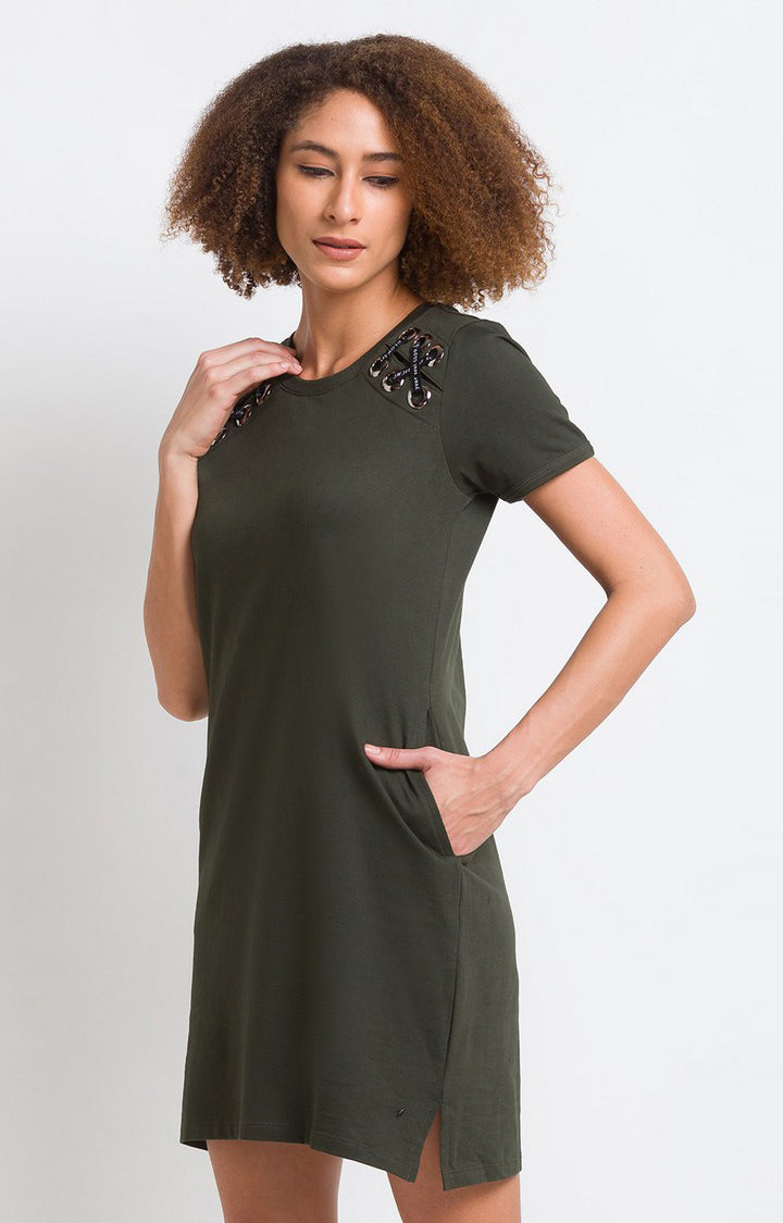 Spykar Olive Green Cotton Blend Slim Fit Printed Dress For Women
