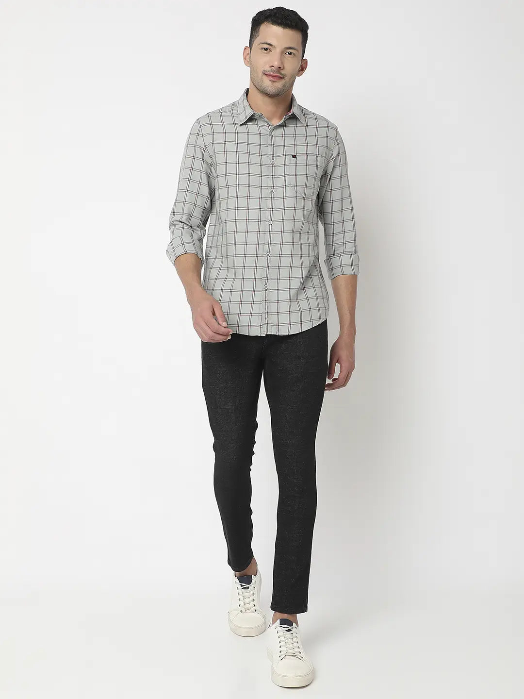 Spykar Men Grey Cotton Slim Fit Checkered Shirt