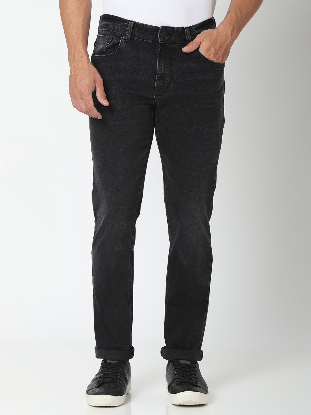 Spykar Charcoal Black Cotton Comfort Fit Straight Length Jeans For Men (Ricardo)