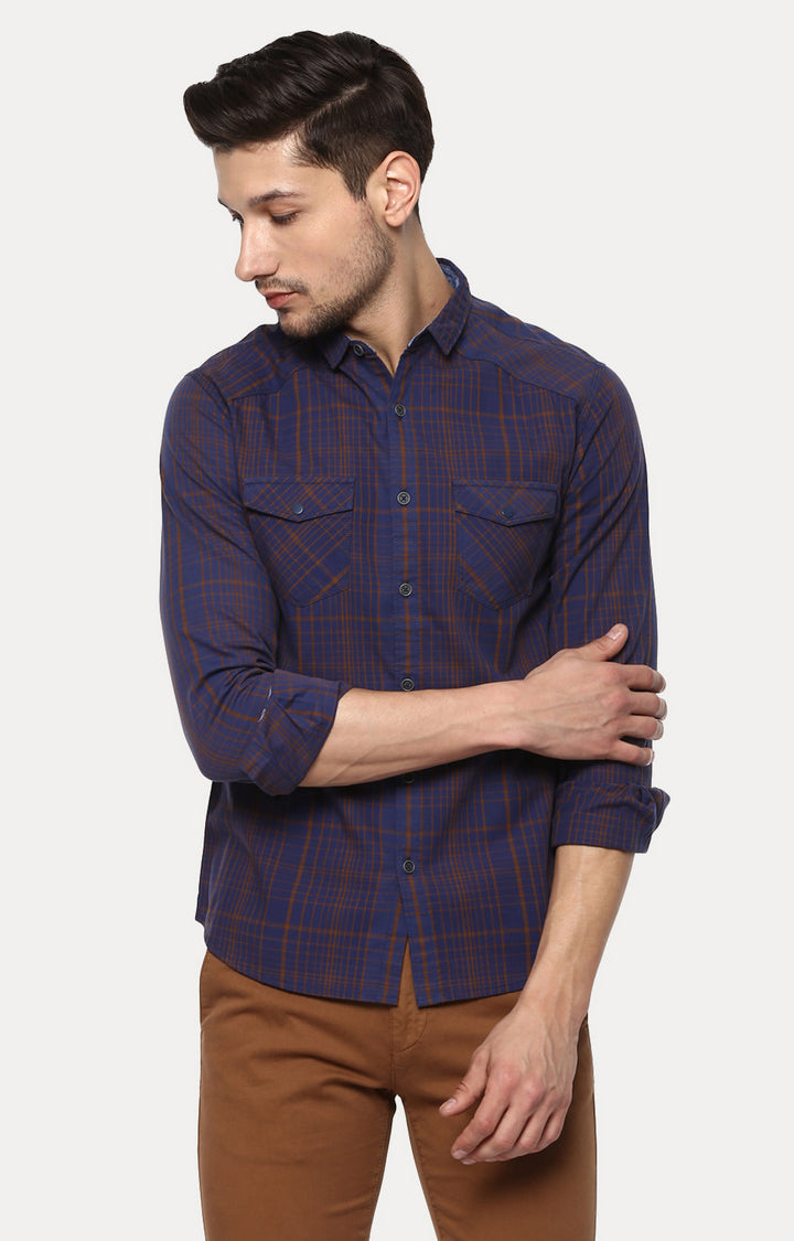 Spykar Men'S Blue Cotton Checked Casual Shirts