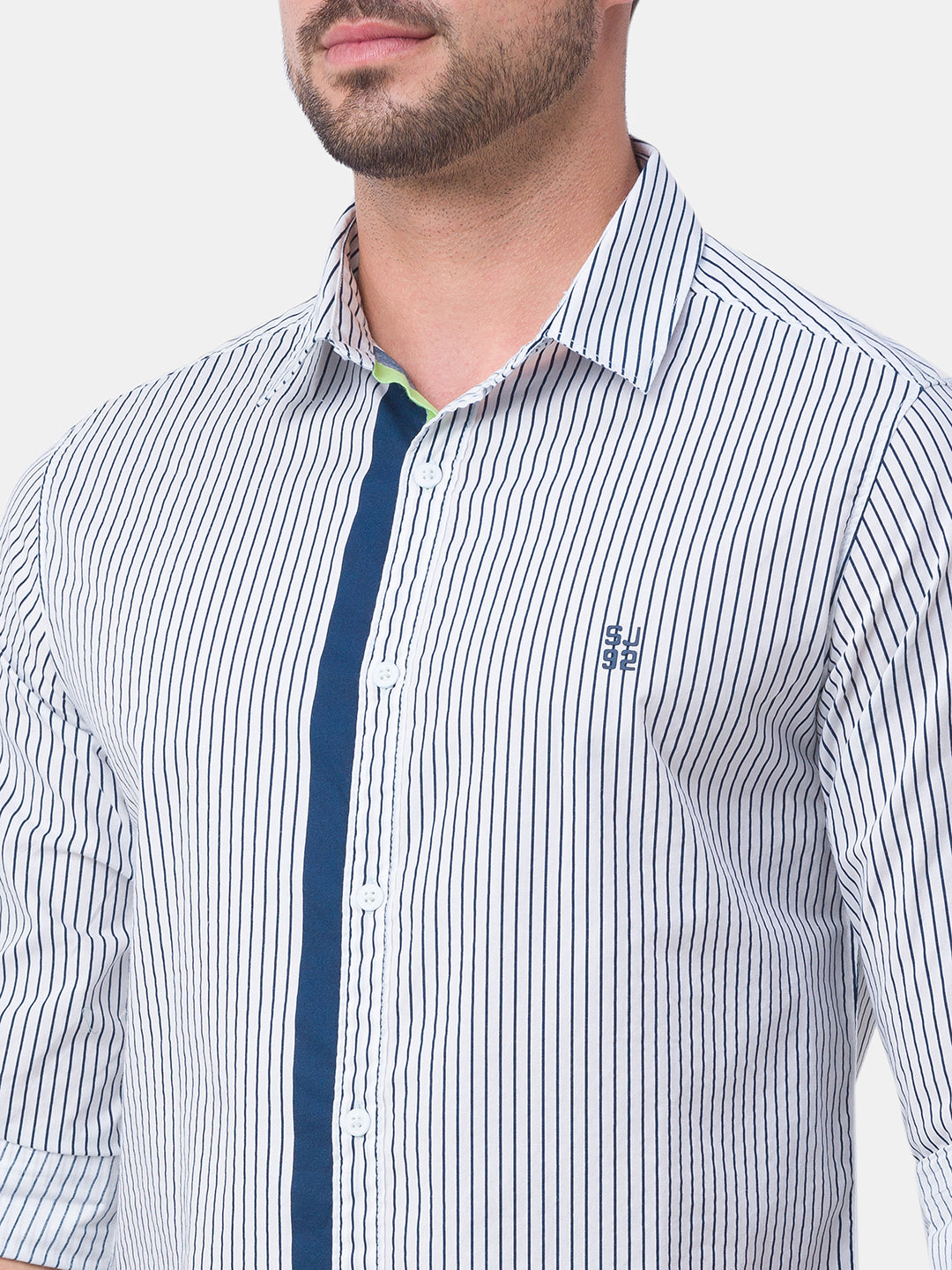 Spykar White Cotton Full Sleeve Stripes Shirt For Men