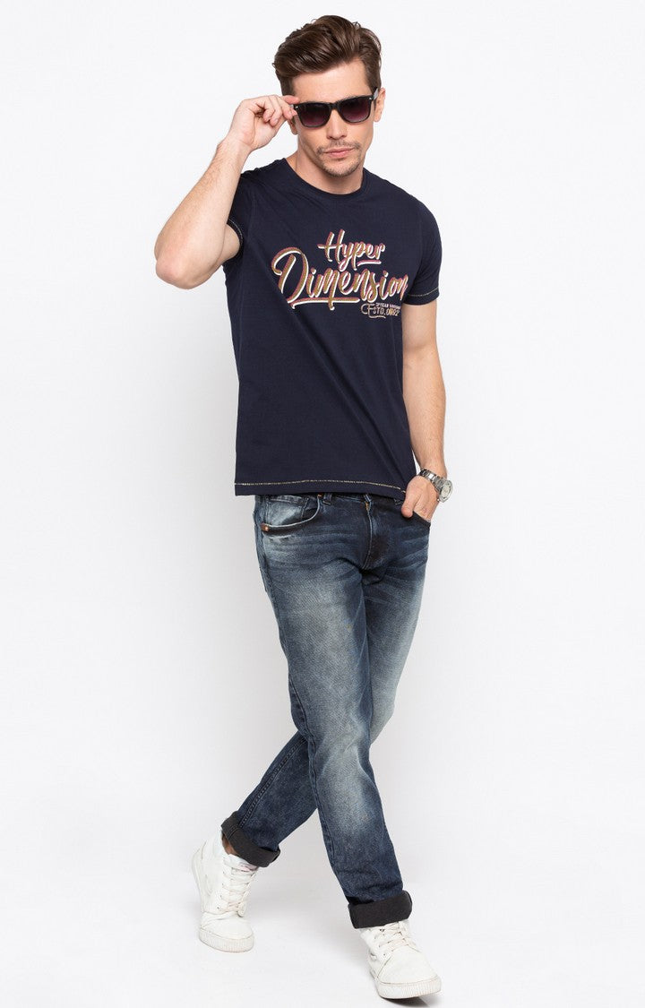 Spykar Navy Blue Printed Slim Fit Men T-Shirts