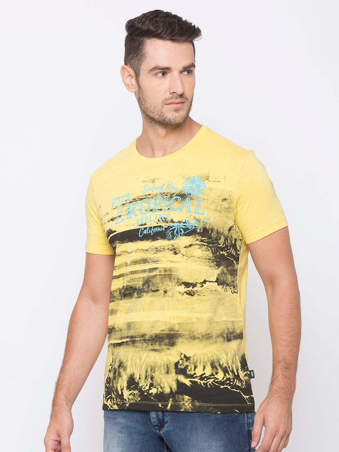 Spykar Men Yellow Cotton Slim Fit Round Neck T-Shirt