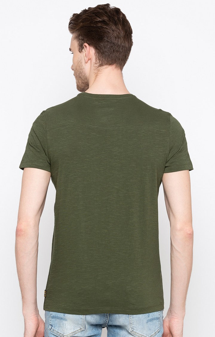 Spykar Olive Printed Slim Fit Men T-Shirts