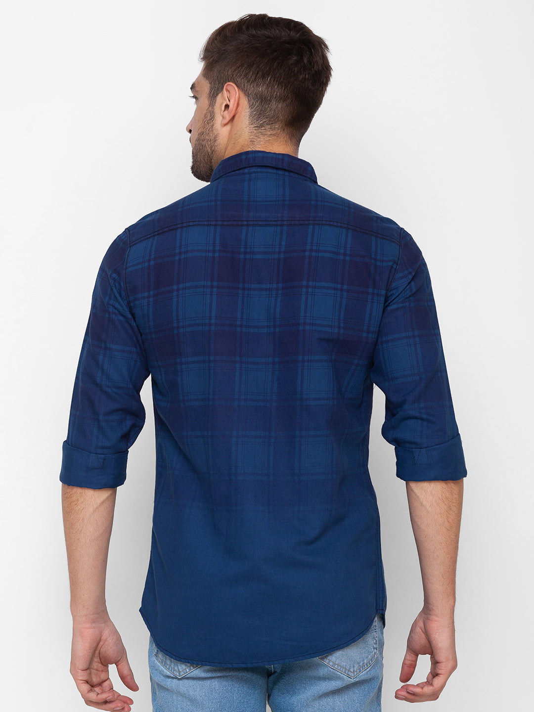 Spykar Cobal Light Blue Cotton Full Sleeve Checks Shirt For Men