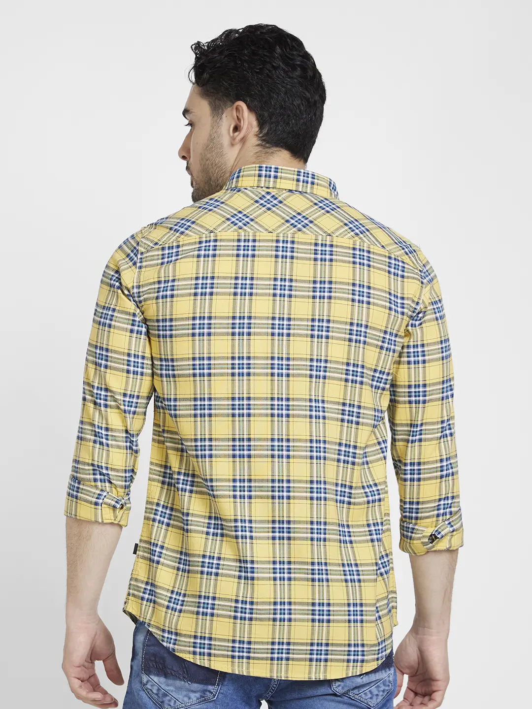 Spykar Men Yellow Cotton Regular Slim Fit Full Sleeve Checkered Shirt