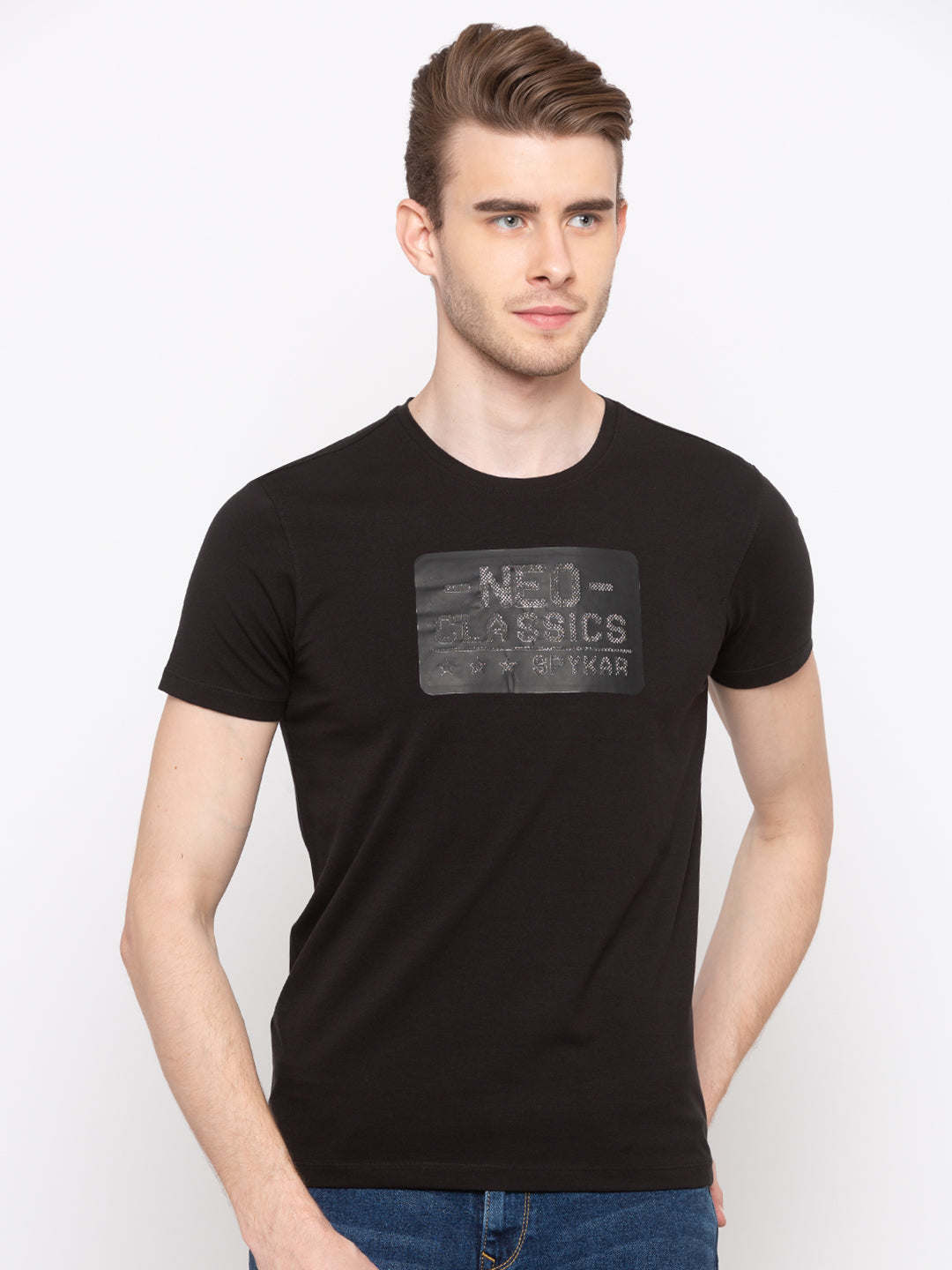 Spykar Men Black Printed Slim Fit T-Shirt