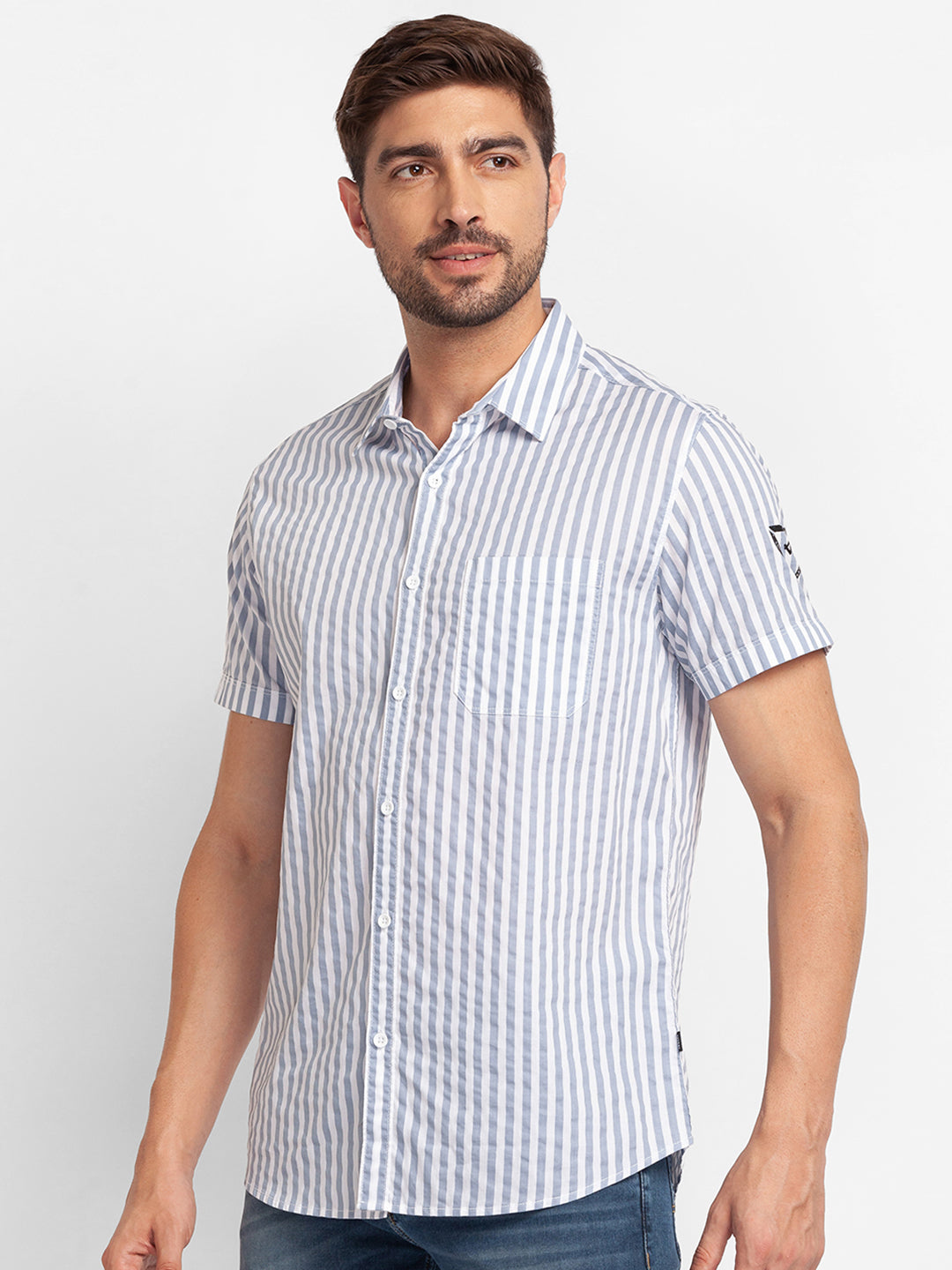 Spykar Silver Grey Cotton Half Sleeve Stripes Shirt For Men