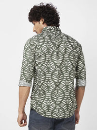 Spykar Men Rifle Green Cotton Regular Slim Fit Full Sleeve Causal Printed Shirt