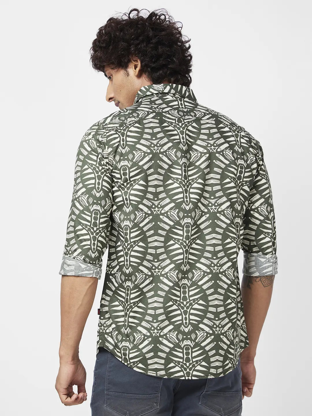 Spykar Men Rifle Green Cotton Regular Slim Fit Full Sleeve Causal Printed Shirt