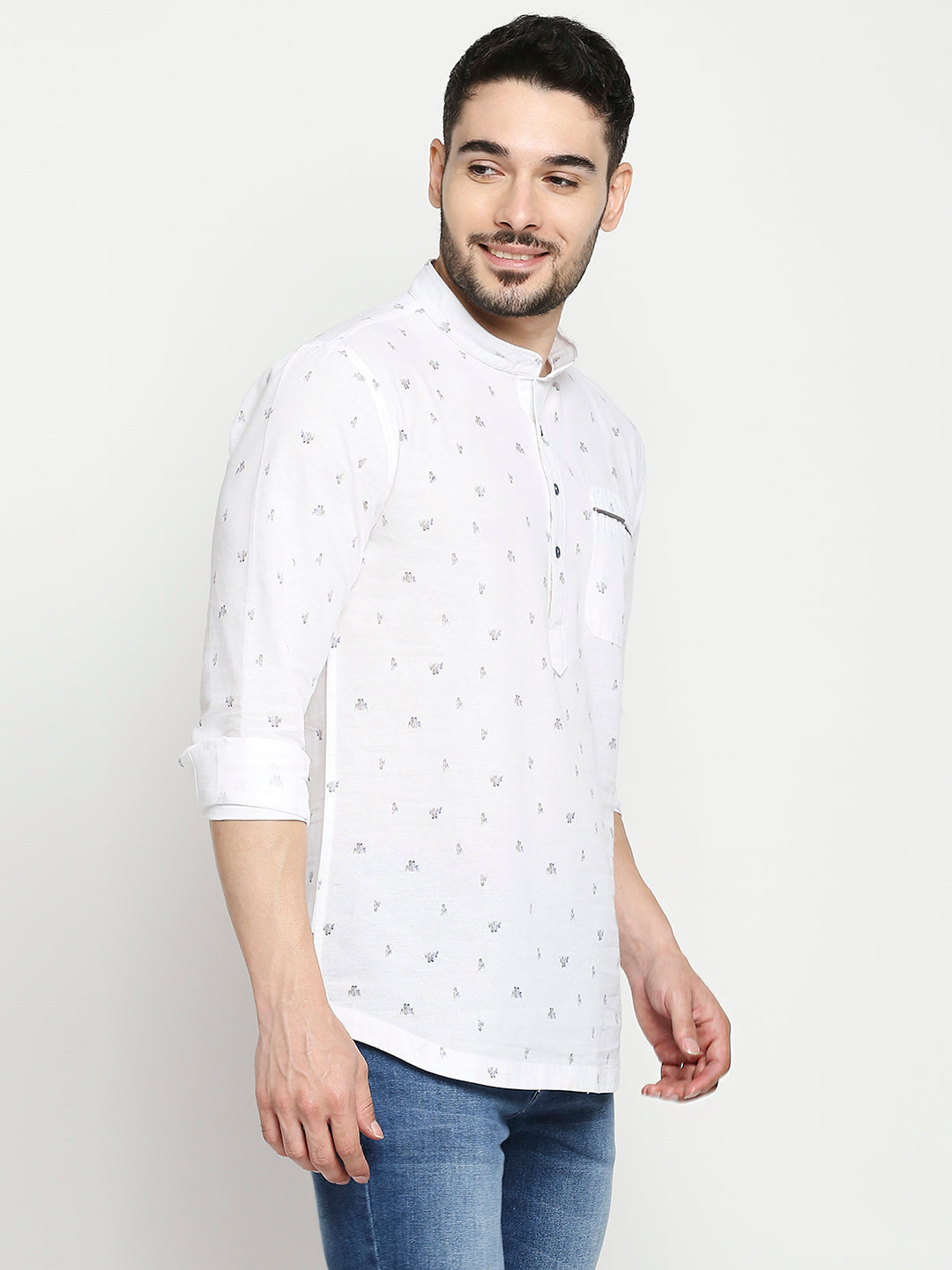 Spykar White Cotton Full Sleeve Printed Kurta For Men