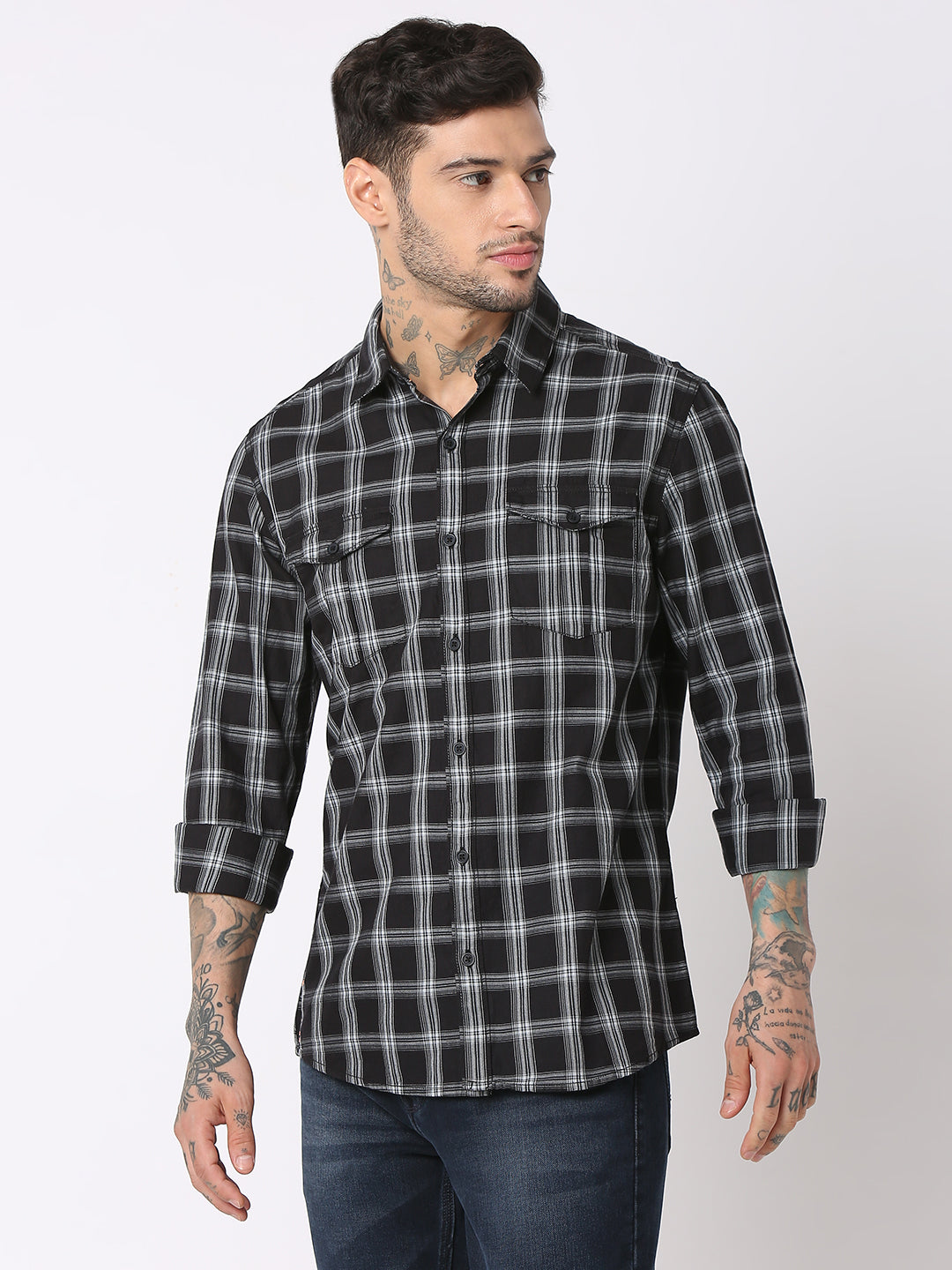 Spykar Men Black Cotton Regular Fit Checkered Shirts