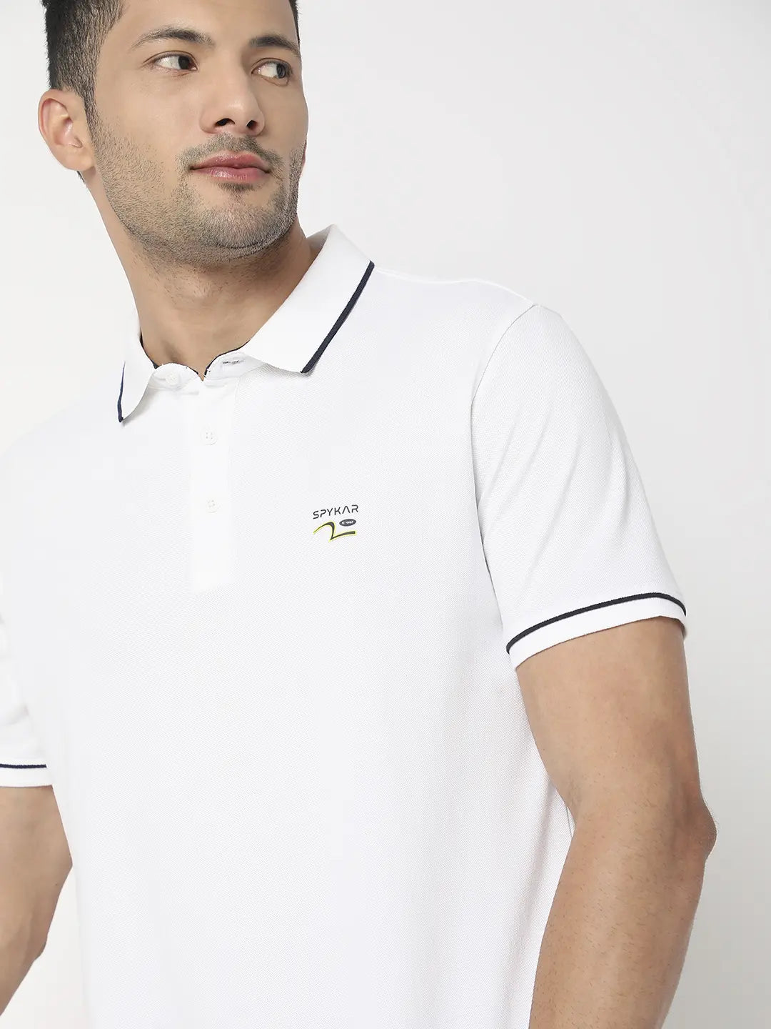 Spykar Men White Cotton Regular Fit Plain Polo Tshirt