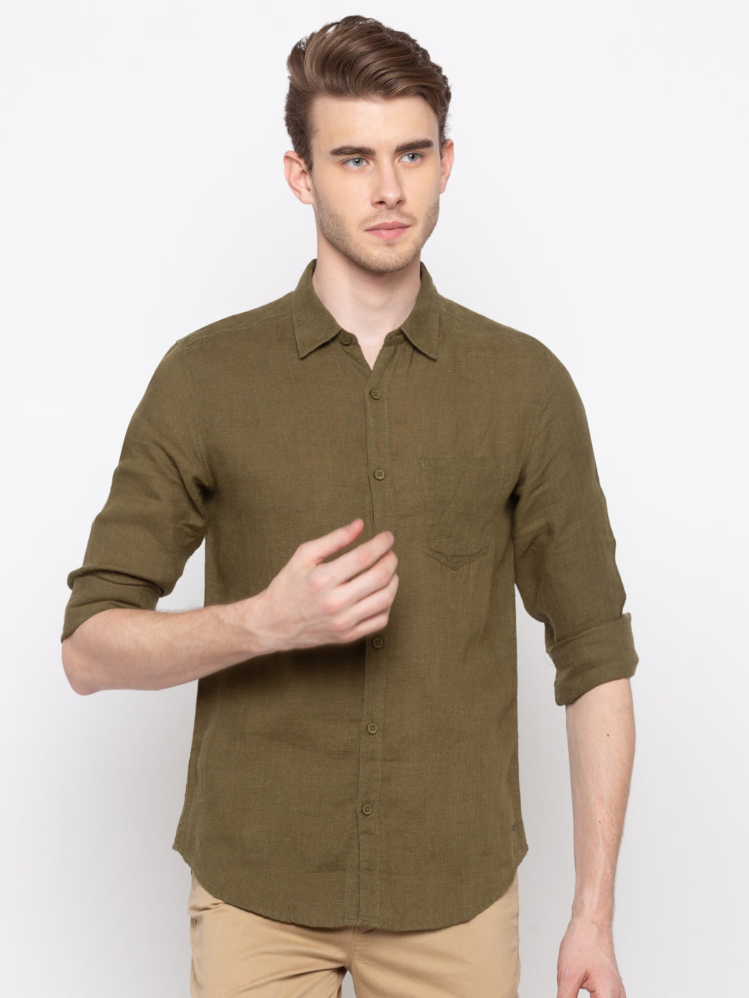 Spykar Men Olive Solid Slim Fit Casual Shirt