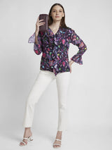 Spykar Women Pink Jaquard Slim Fit Full Sleeve Floral Print Shirt