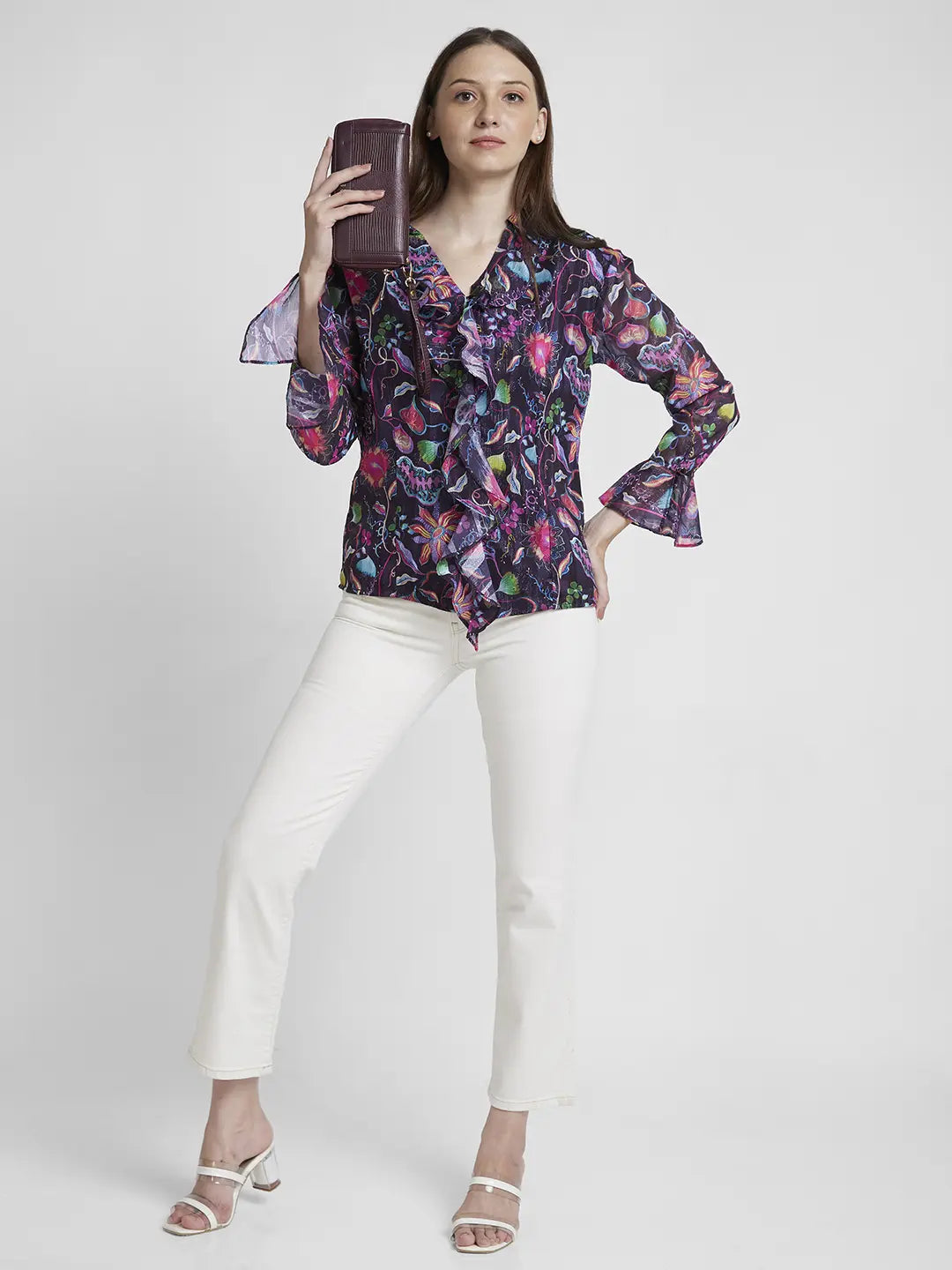 Spykar Women Pink Jaquard Slim Fit Full Sleeve Floral Print Shirt