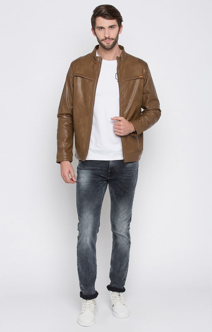 Spykar Men Brown Solid Regular Fit Leather Jacket