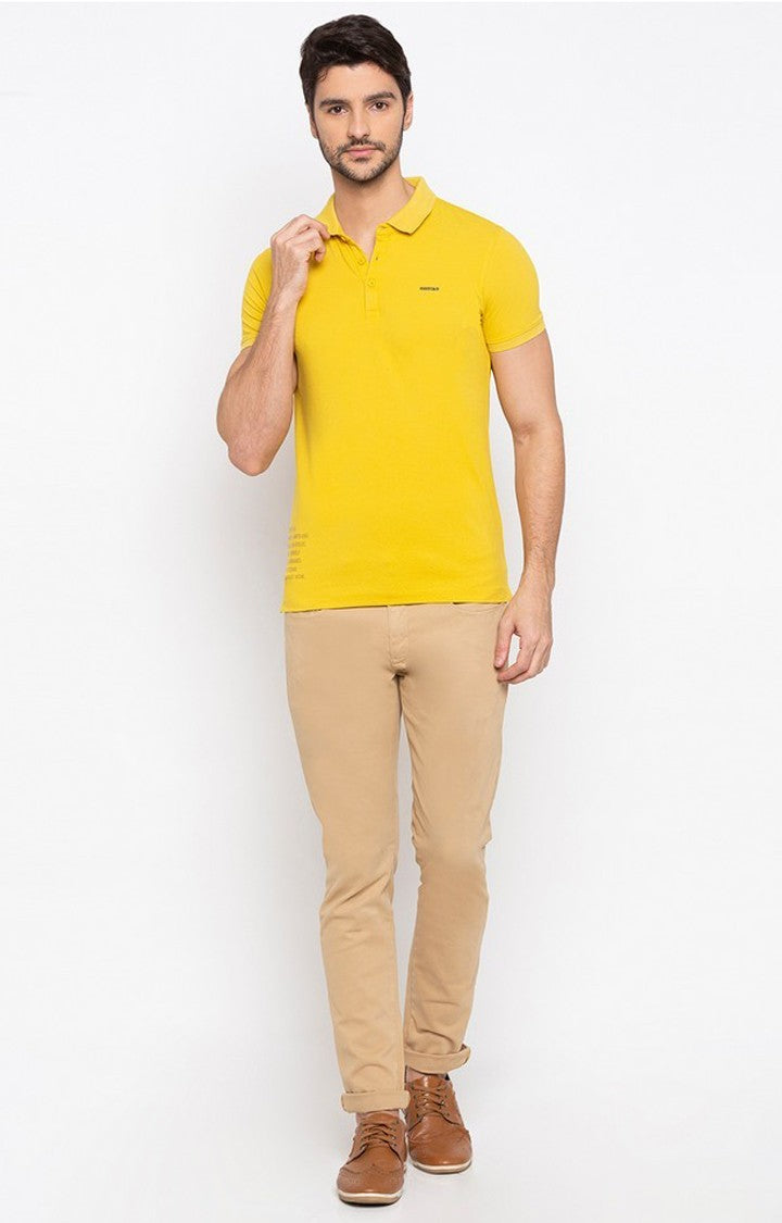 Spykar Men Yellow Cotton Slim Fit Polo T-Shirt