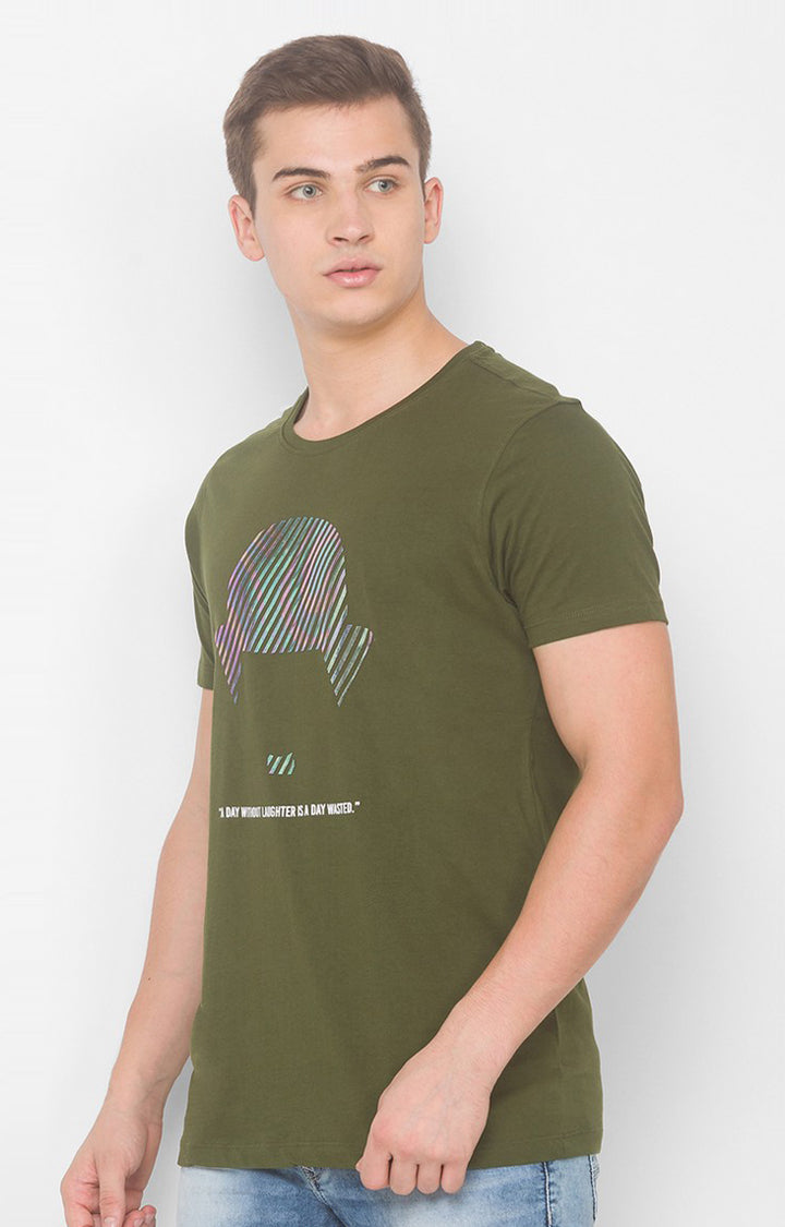 Charlie Chaplin Spykar Men Olive Green Cotton Slim Fit Round Neck Printed T-Shirt