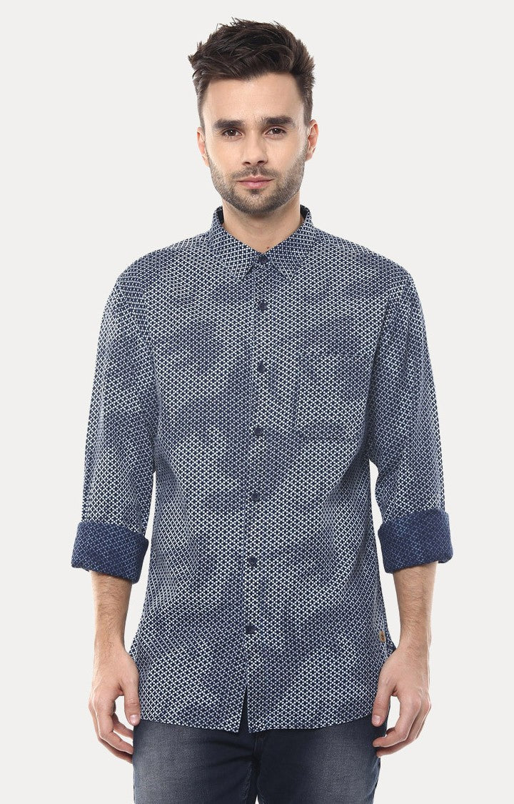 Spykar Men'S Blue Cotton Printed Casual Shirts