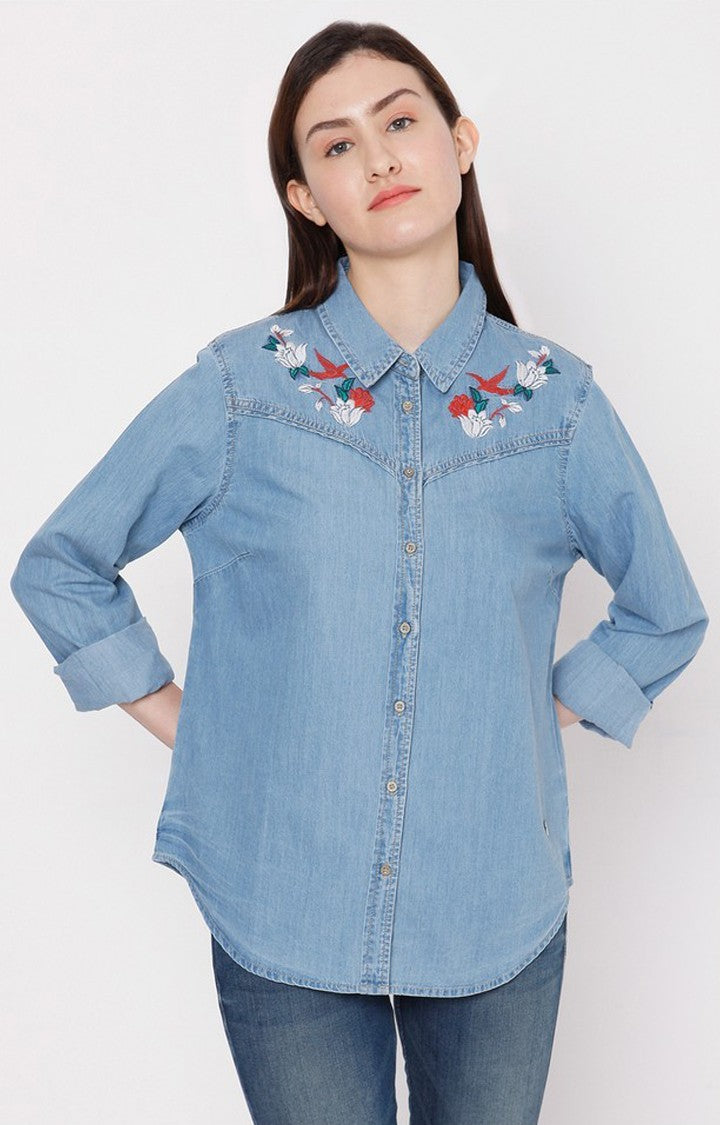 Spykar Women Mid Blue Cotton Regular Fit Denim Shirt