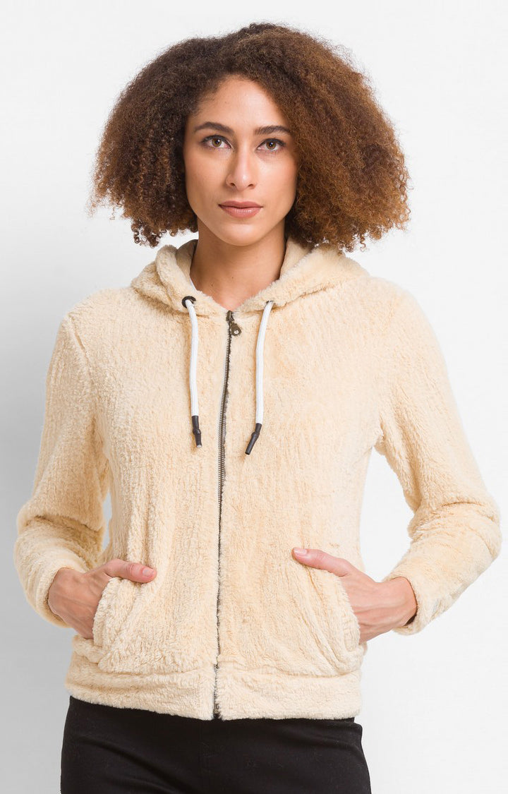 Spykar Beige Cotton Blend Full Sleeve Hooded Sweatshirt For Women