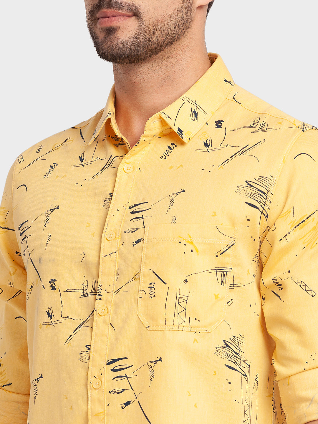 Spykar Chrome Yellow Cotton Full Sleeve Printed Shirt For Men