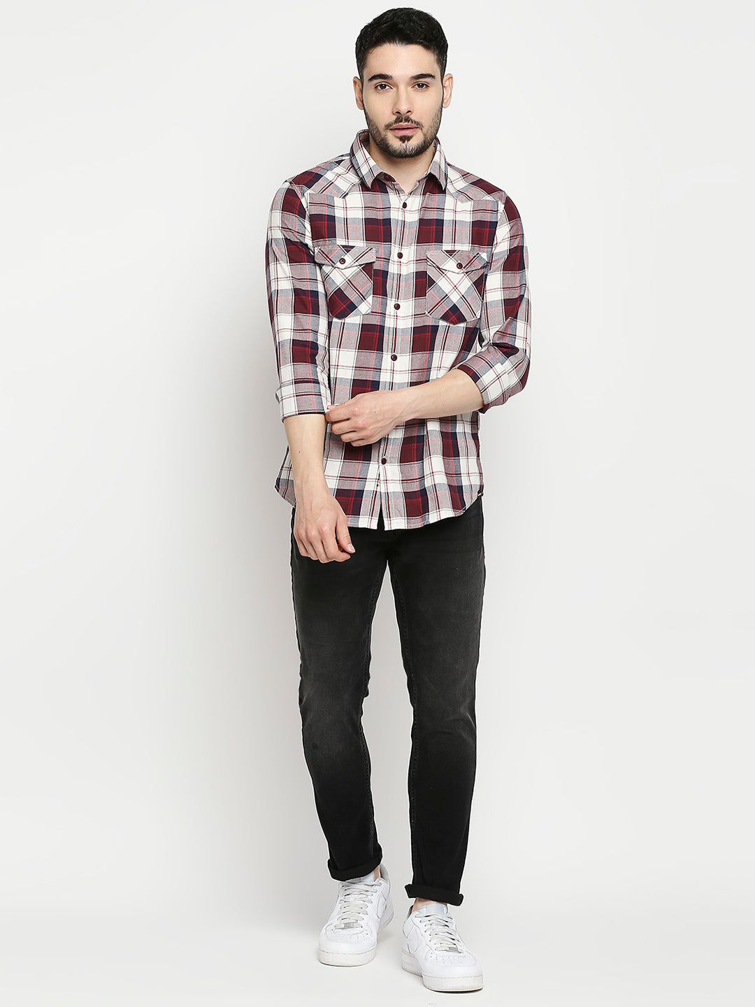 Spykar Men Maroon Cotton Slim Fit Full Sleeve Checkered Shirt