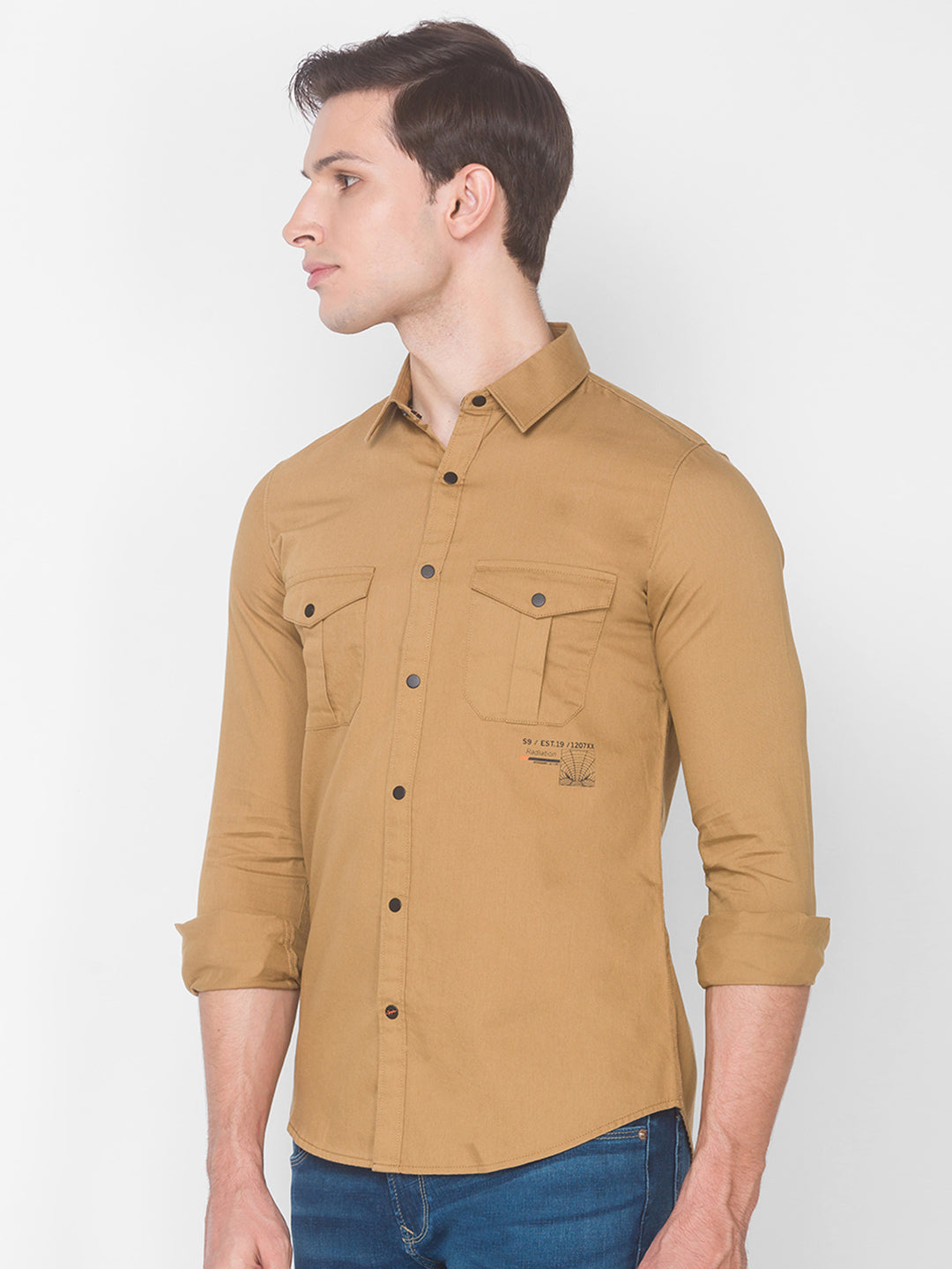 Spykar Slim Fit Yellow Cotton Men Shirt