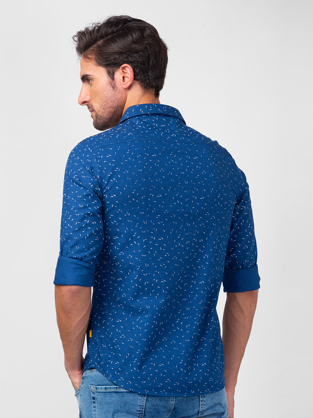 Spykar Men Cobalt Blue Cotton Slim Fit Printed Shirt